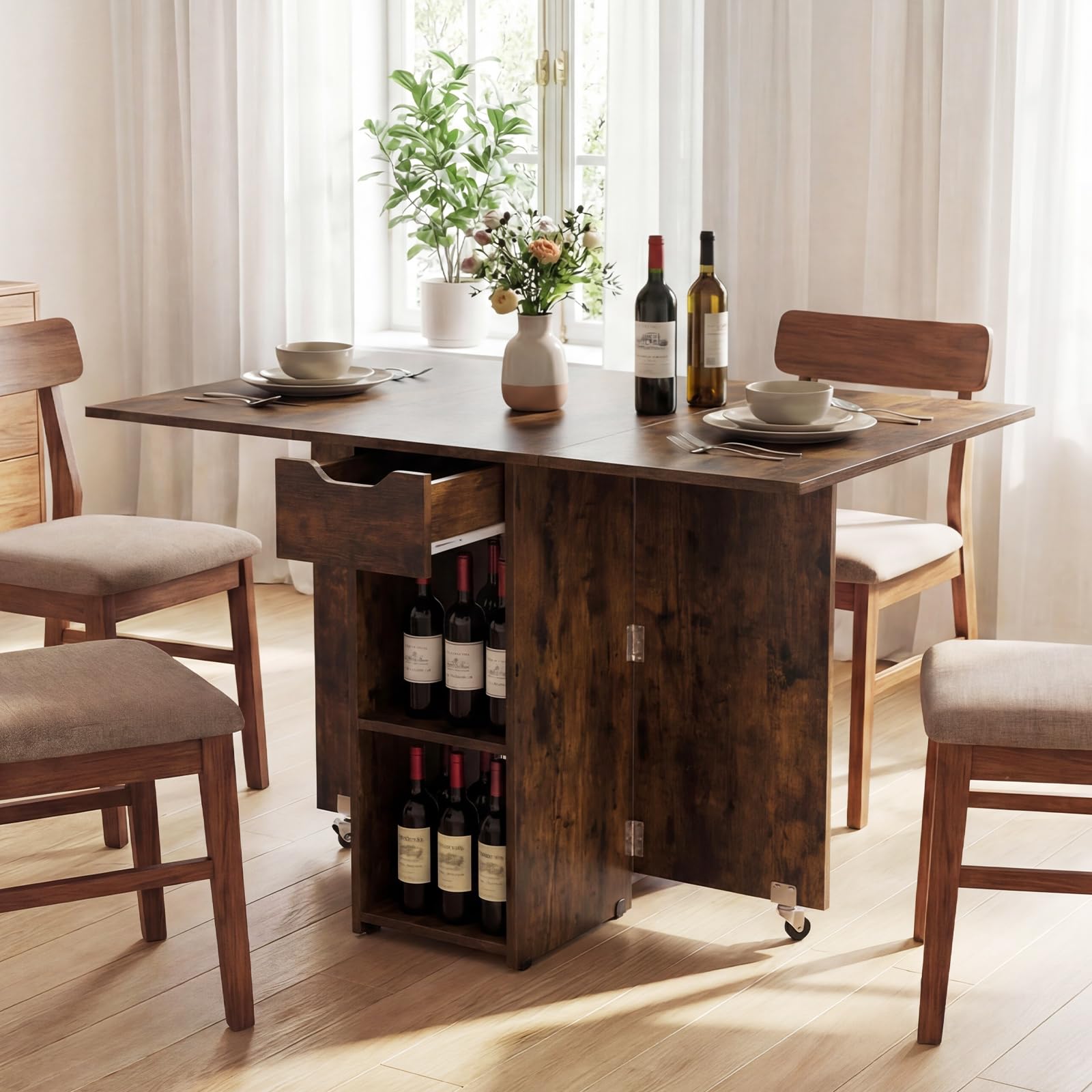 LIFEZEAL Tavolo da pranzo pieghevole con 1 cassetto e 2 ripiani, tavolo allungabile in legno con 2 ruote, 4-6 persone, sala da pranzo, soggiorno, cucina, max 65/70 kg (marrone, 120 x 72 x 75 cm)