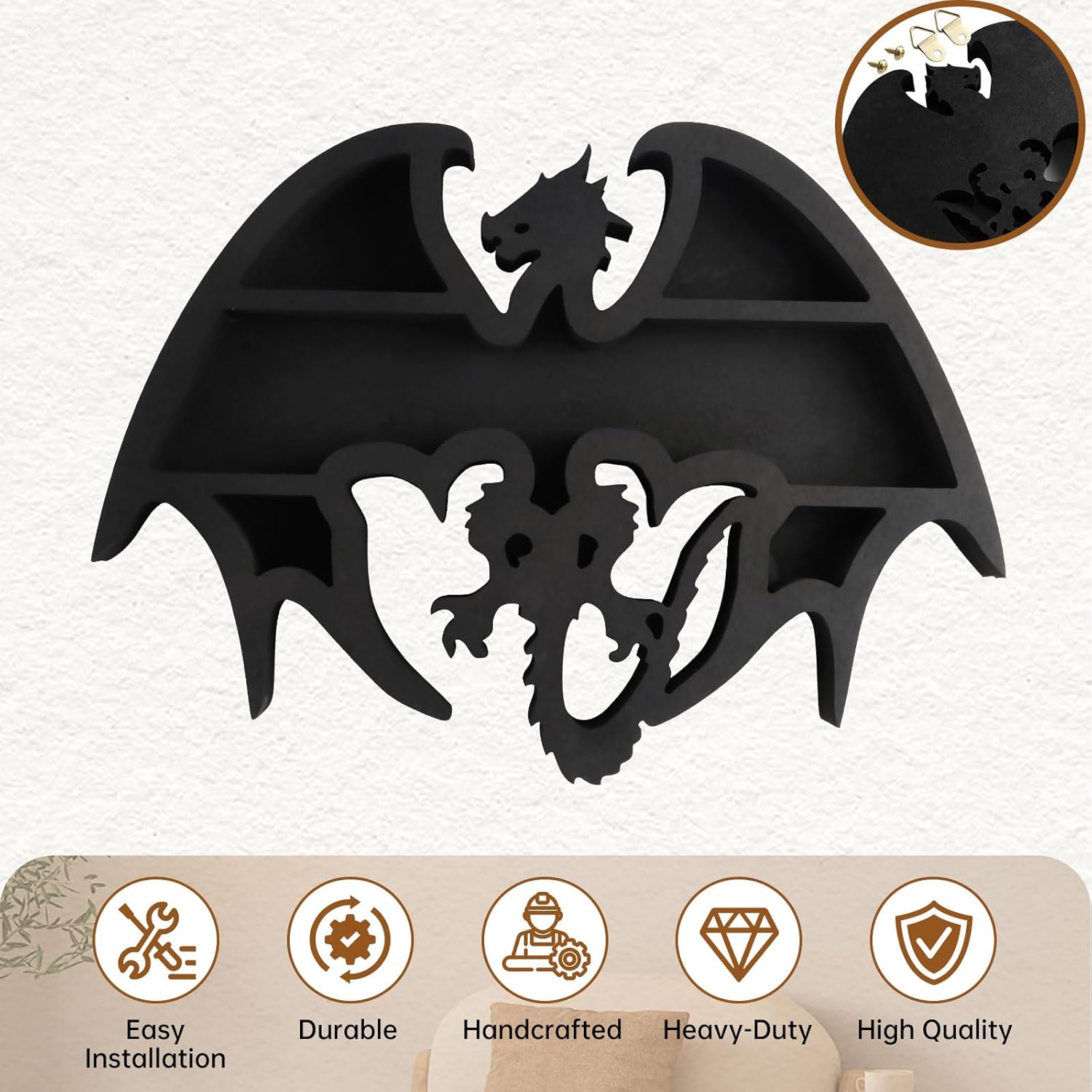 Wooden Floating Shelf Dragon Design Unique Room Decor Crystal & Rock Display Shelf, Floating Wall Shelves with Dragon Design for Rocks, Crystals, Oils, Stones, Plants 14x9.4inch