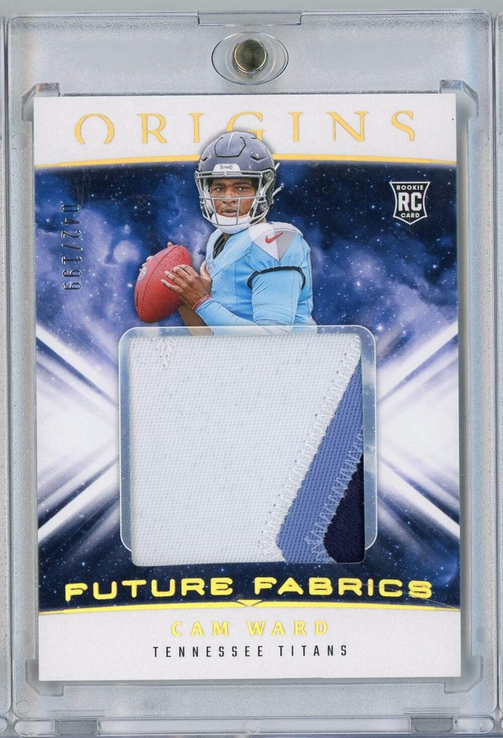 2025 Panini Origins Future Fabrics Cam Ward #FF1 /199 Relic Rookie RC Football Card