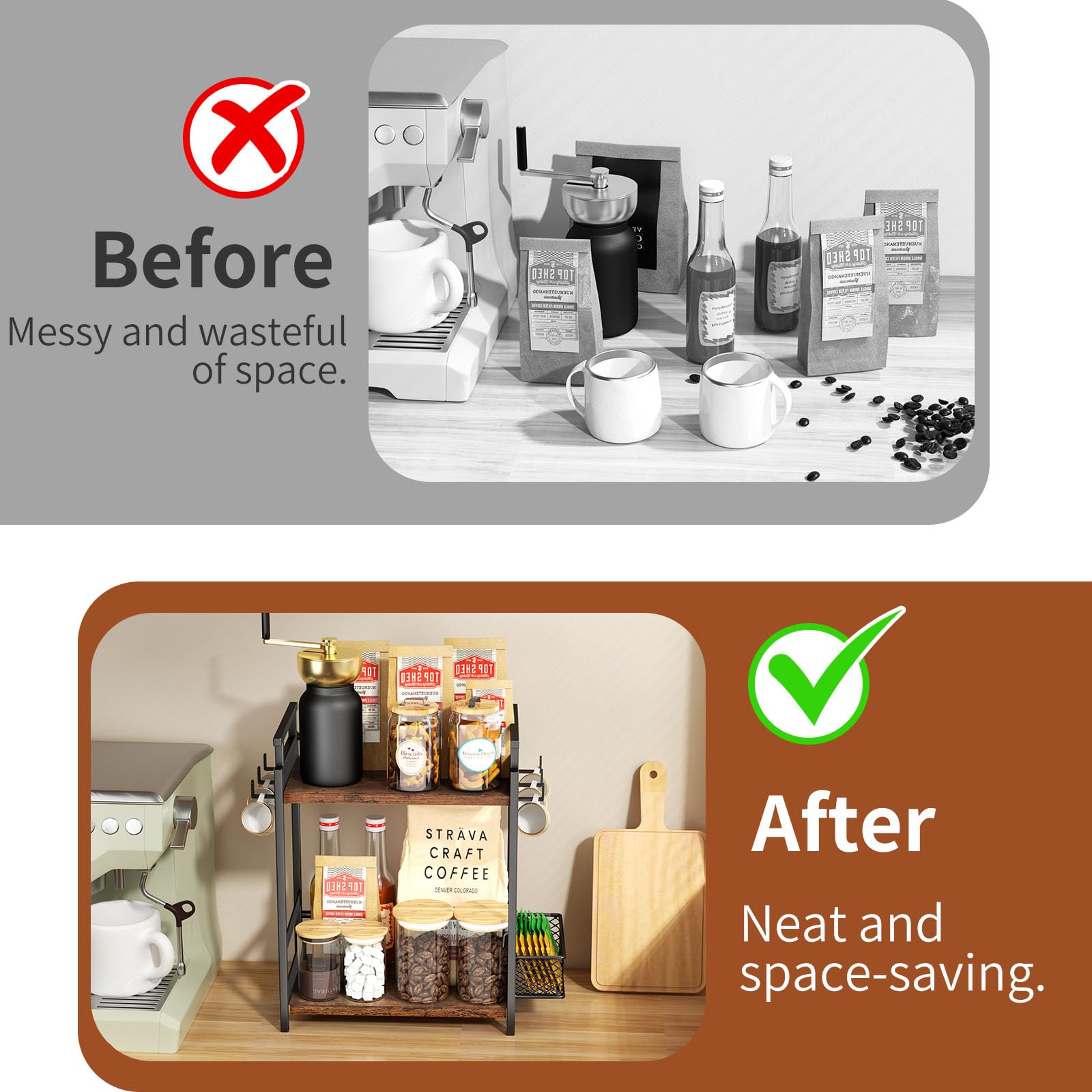 Organizador de barra de café de 2 niveles para oficina en casa, estante de especias para encimera, estante de almacenamiento de encimera de cocina con cesta colgante, organizador de estación de 6