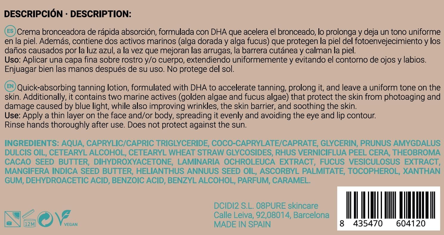 08PURE Skincare Marine Shimmer, Crema Bronceadora Sublime con DHA, Activos Marinos, Absorción Rápida, Tono Uniforme, 200ml