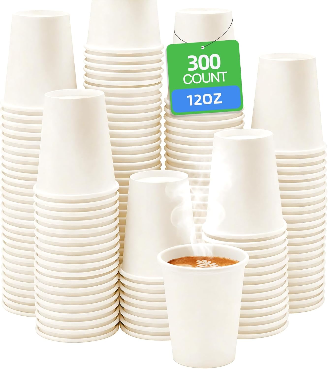 12 oz 300 Count Disposable Coffee Paper Cups, White Hot/Cold Beverage Drinking Cup for Water Juice or Tea, Office Bathroom Home, 300 Count