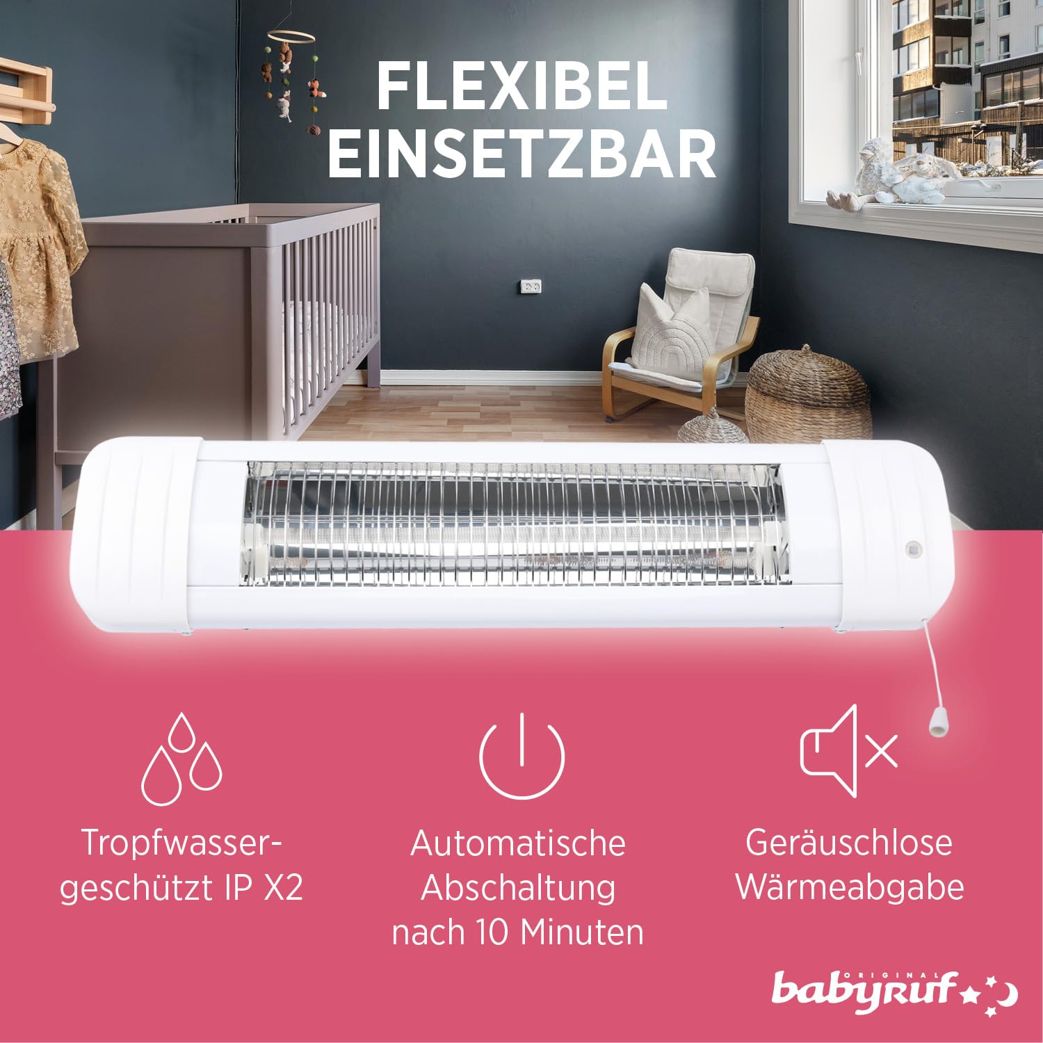 BS 50 Heizstrahler | 600 Watt | Wickeltisch Wärmelampe Mit Abschaltautomatik | Einfache Wandmontage | Weiß