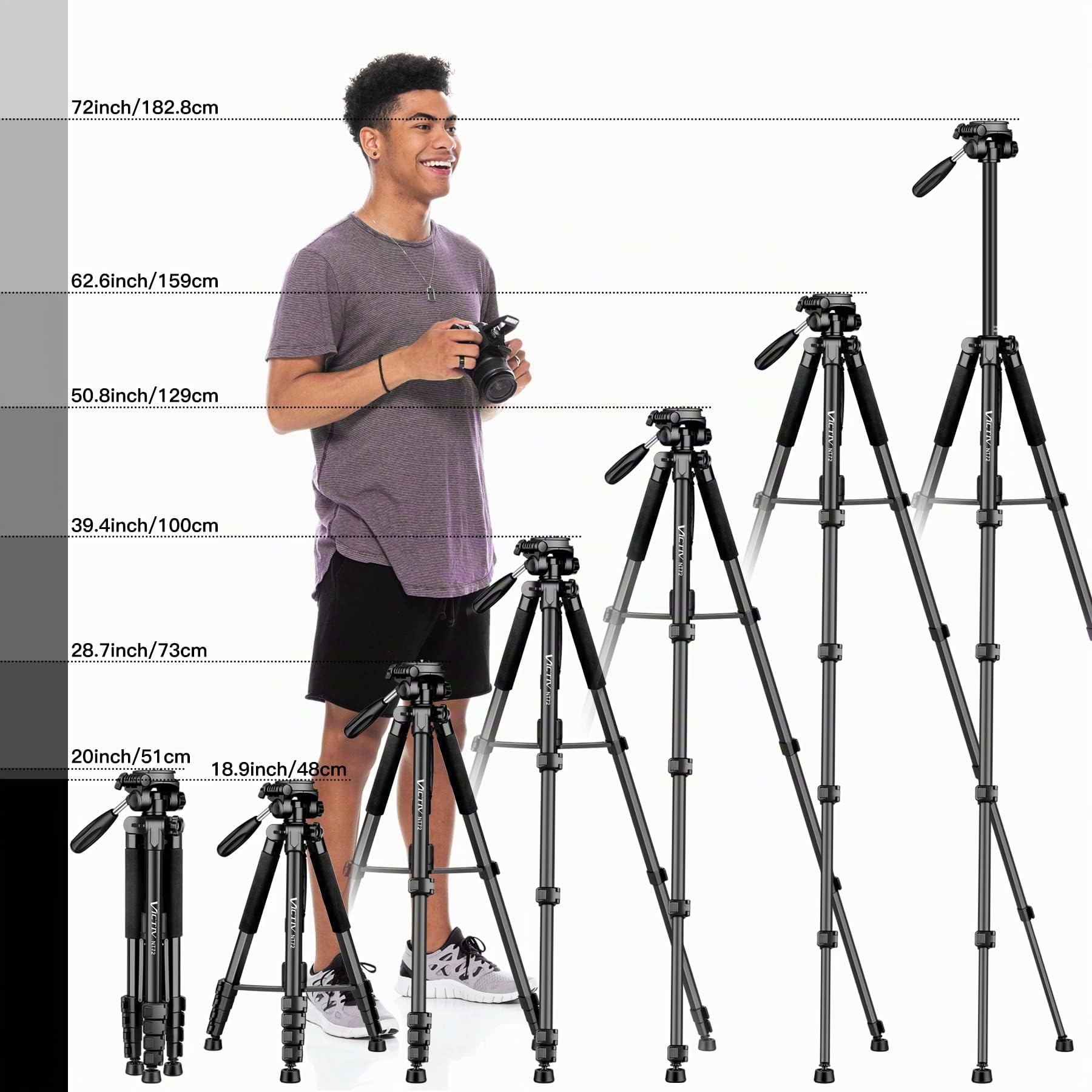 Victiv Trépied en aluminium T72 pour appareil photo - Hauteur maximale : 182 cm - Léger et compact - Avec tête pivotante à 3 voies et 2 plaques de dégagement rapide pour prise de vue vidéo DSLR - Noir
