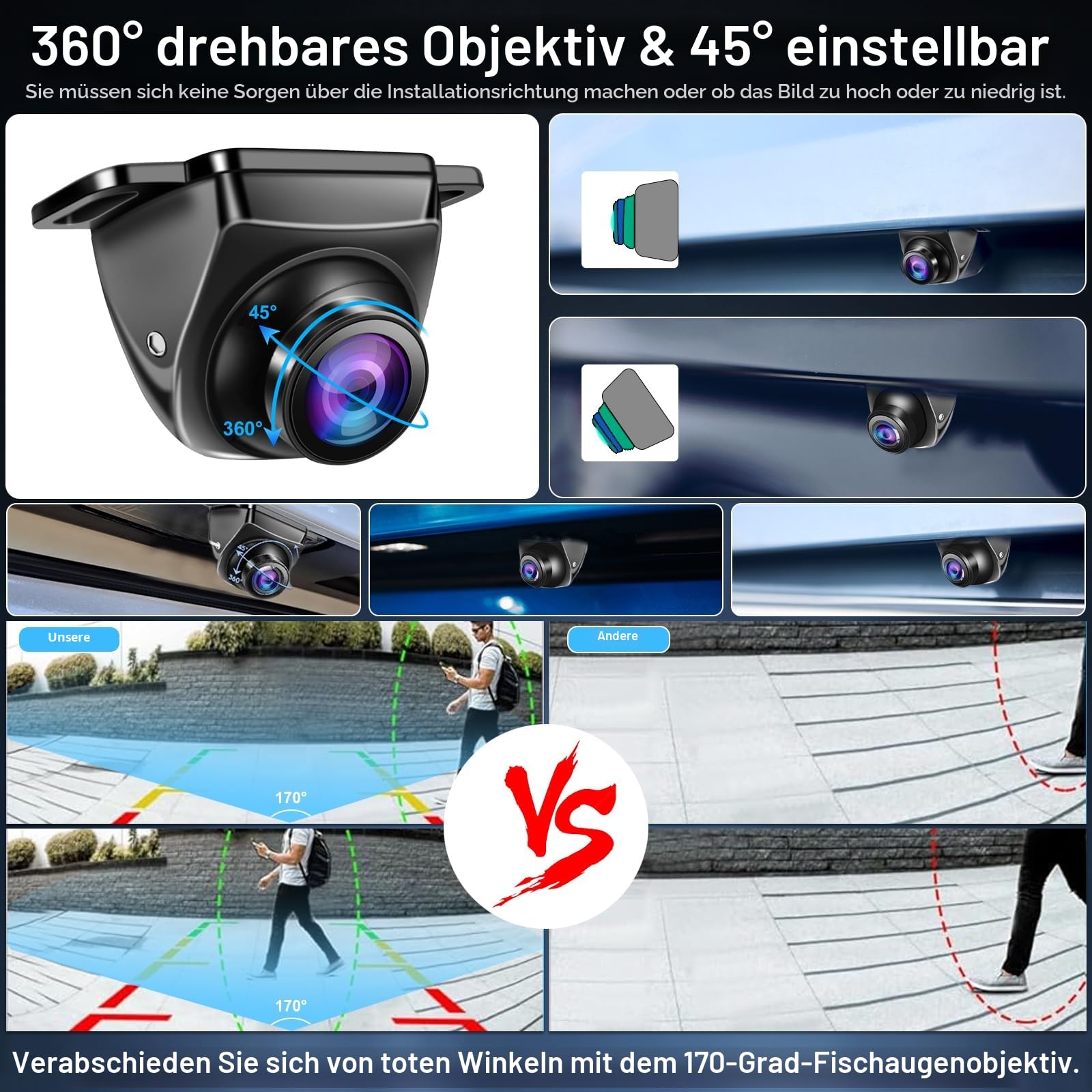 OBEST AHD Auto Rückfahrkamera 1080P 360 Drehbar Nachtsicht Rückfahrkamera | IP68 Wasserdicht Nachrüsten KFZ Frontkamera Metall Rear View Camera Auto Kamera für Universell 12V LKW SUV Wohnwagen Van