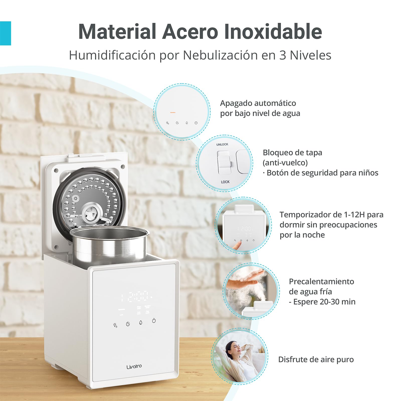 Livatro Humidificador de Aire 3L Top-Fill, Humidificador de Vapor Caliente de Acero Inoxidable, Reduce el 99,97% de las Bacterias,Temporizador y Modo Sueño,para Bebés,Oficina, Dormitorio,Sala de Estar