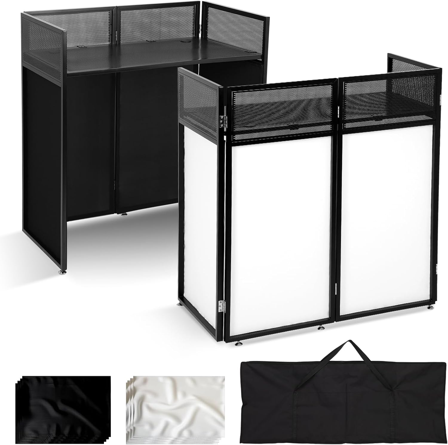 Portable DJ Booth Table Station 44"x42.2"x20.6", Foldable Metal Frame DJ Facade with Black & White Scrims, Detachable 40"x20" DJ Table, Adjustable Height, Carry Bag for Show, Party, Wedding, Events
