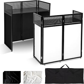 Portable DJ Booth Table, Foldable DJ Table Stand with White & Black Lighting Scrim, Detachable 40"x20" DJ Facade Table Booth, Easy to Assemble, Carry Bag for Weddings, Parties & Events