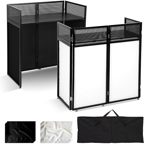 Portable DJ Booth Table Station 44"x42.2"x20.6", Foldable Metal Frame DJ Facade with Black & White Scrims, Detachable 40"x20" DJ Table, Adjustable Height, Carry Bag for Show, Party, Wedding, Events