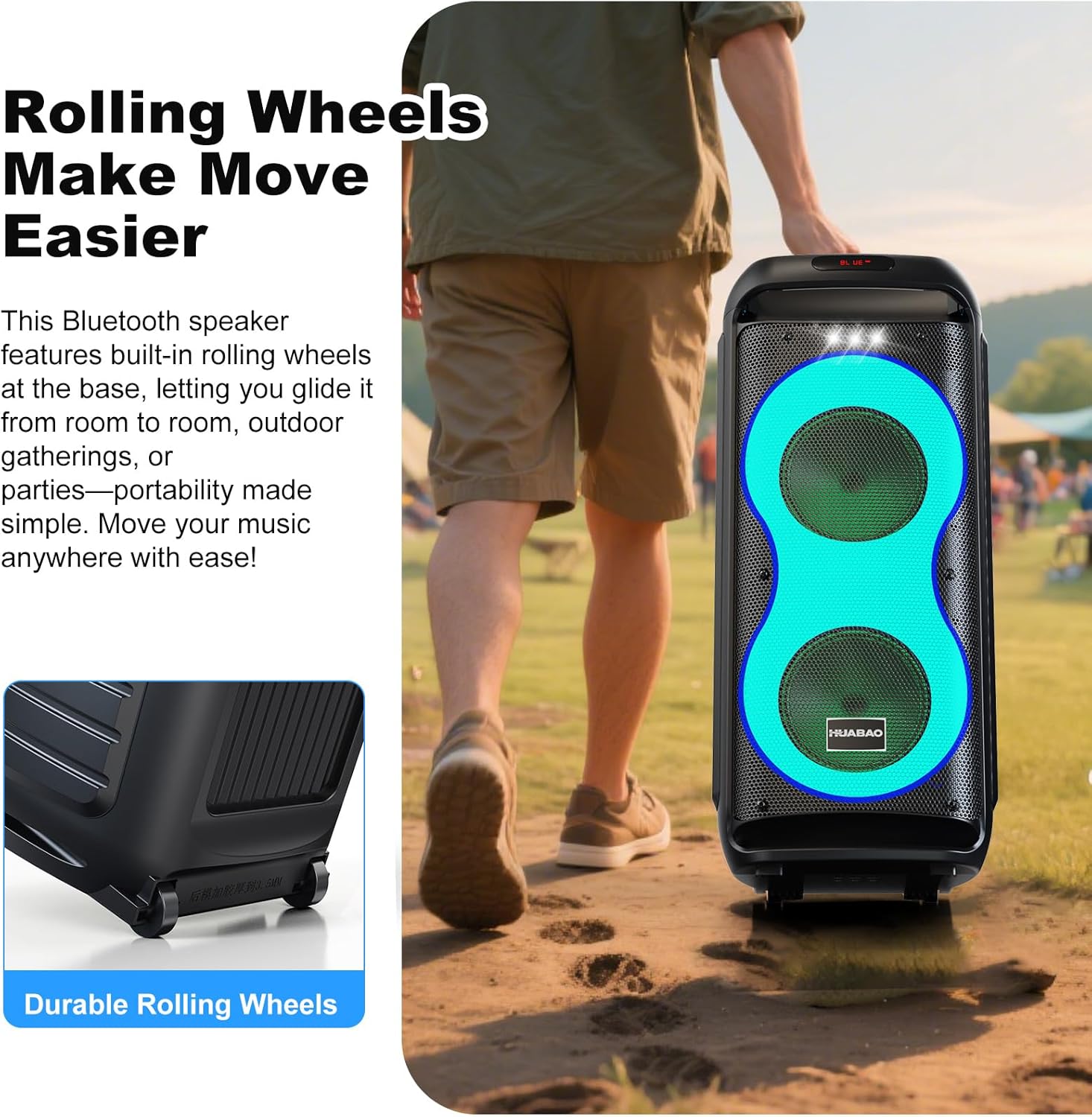 Bluetooth Karaoke Speaker with 2 Wireless Microphones – 40W Portable PA System with LED Lights, TWS Pairing, 6.5” Dual Woofers, Rolling Wheels, Rechargeable Battery - for Party/Home/Outdoor - Image 3