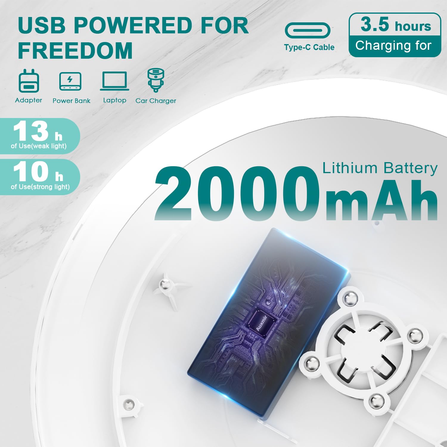 Auxmir Powiększające lustro do makijażu x10 ze światłami LED podświetlane przenośne lusterko łazienkowe, lustro z przyssawką obracane o 360°, białe