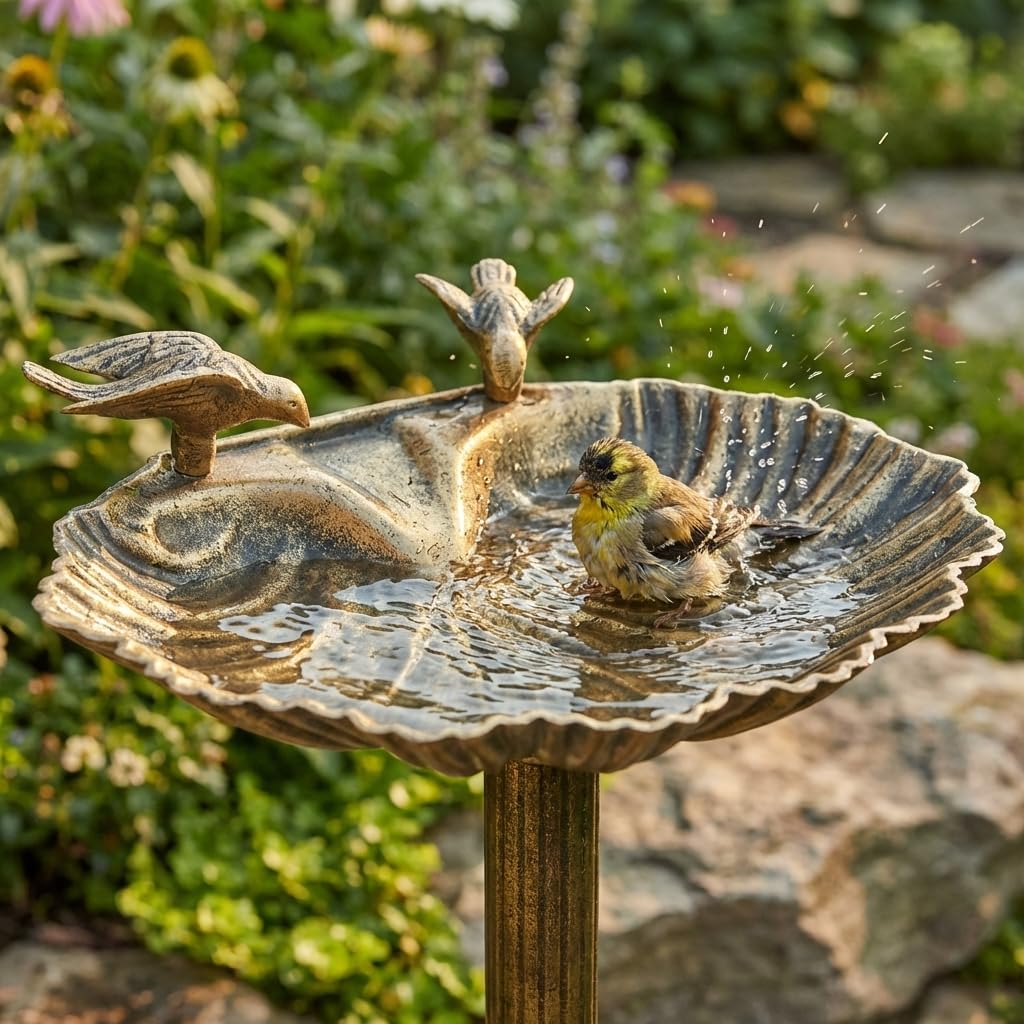 Gardenkraft Bain pour Oiseaux Coquille de palourde avec Base jardinière Bronze