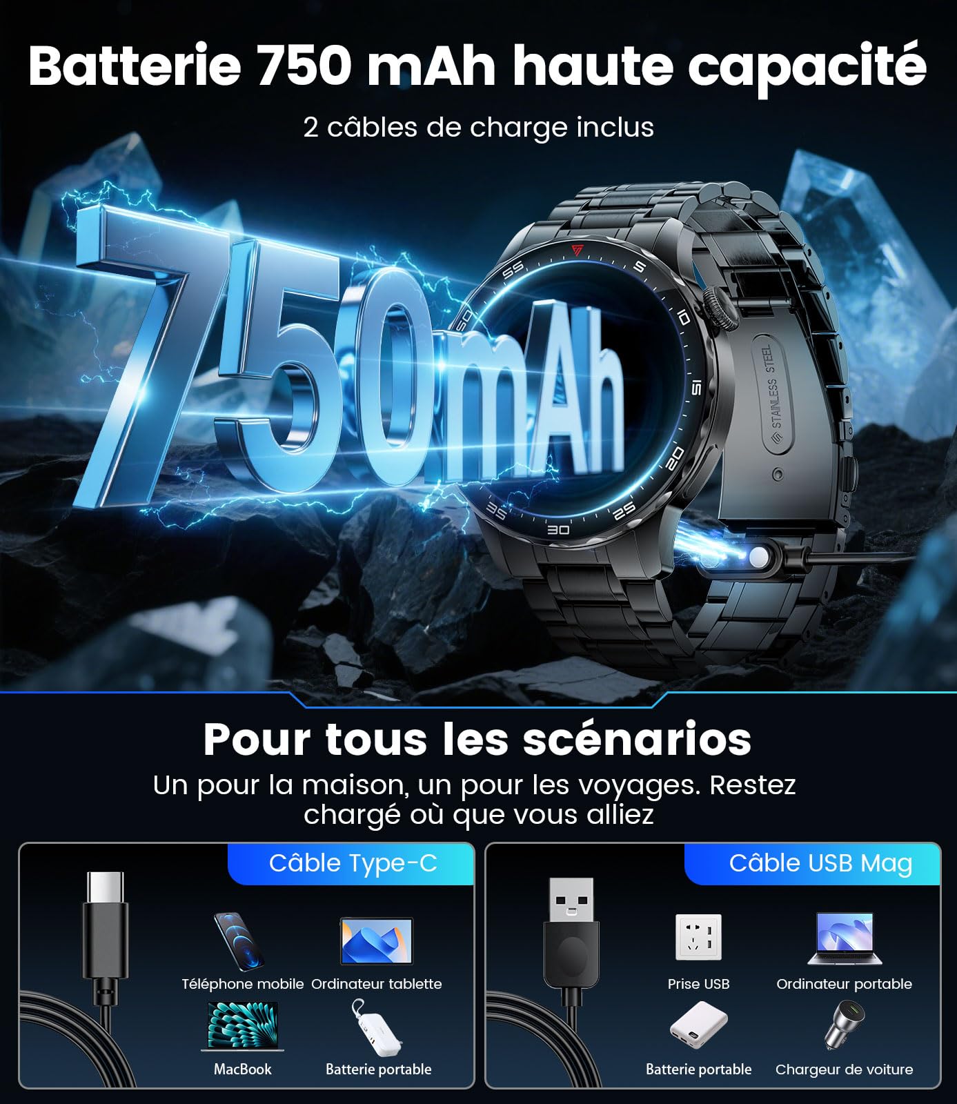 Montre Connectée Homme SML21, Écran AMOLED 1,43" HD, Appels Bluetooth, Autonomie 15 Jours, Notifications Intelligentes, Étanche, Compatible iOS et Android – Noir Profond