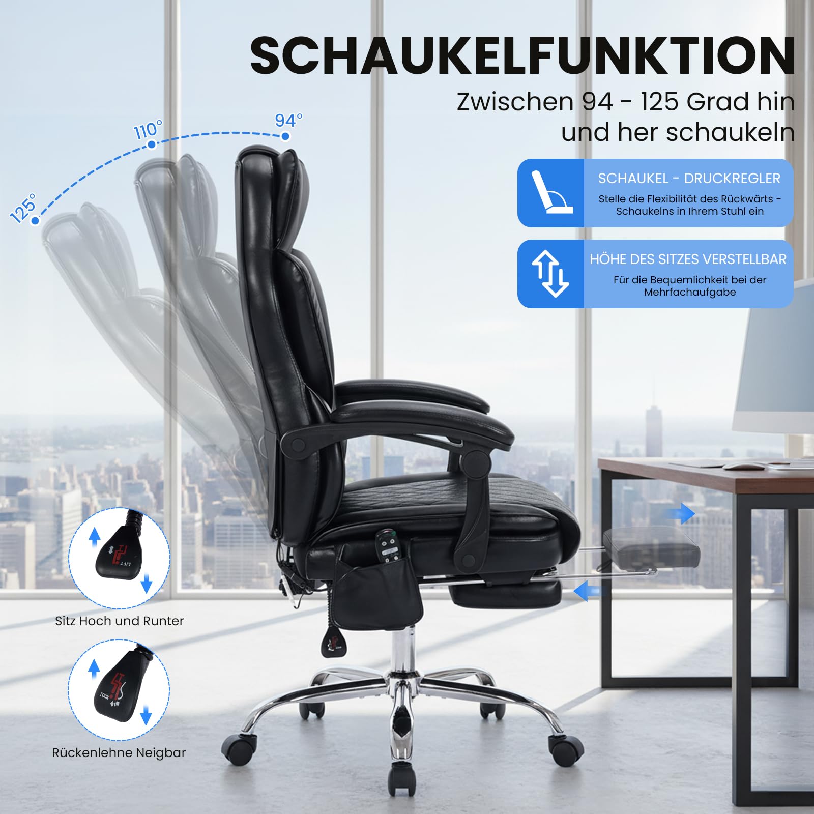 COLAMY Bürostuhl Ergonomisch mit Massagefunktion, Ergonomischer Schreibtischstuhl mit Heizfunktion, Chefsessel mit Fußstütze, 360° Drehstuhl, 94-125° Verstellbarer Rückenlehne, für Office, Schwarz