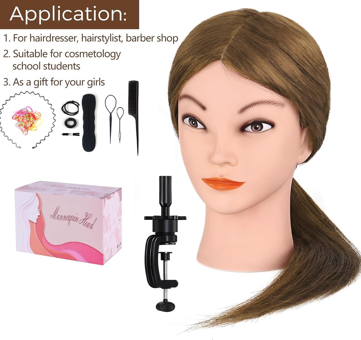 Cabeza de maniquí con cabello humano 100% real, 18 pulgadas, cabello castaño dorado, cabeza cosmetológica, cabeza manicana de muñeca para practicar estilos de cabello, cabeza de 7