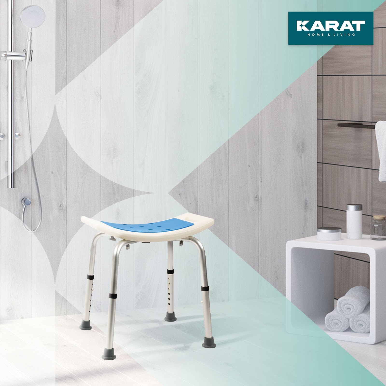 KARAT Taburete de Ducha - Altura Regulable 38-53 cm - Soporta Hasta 136 kg - Asiento de Ducha Antideslizante y Estable - Taburete de Bañera Con Patas de Goma Antideslizantes