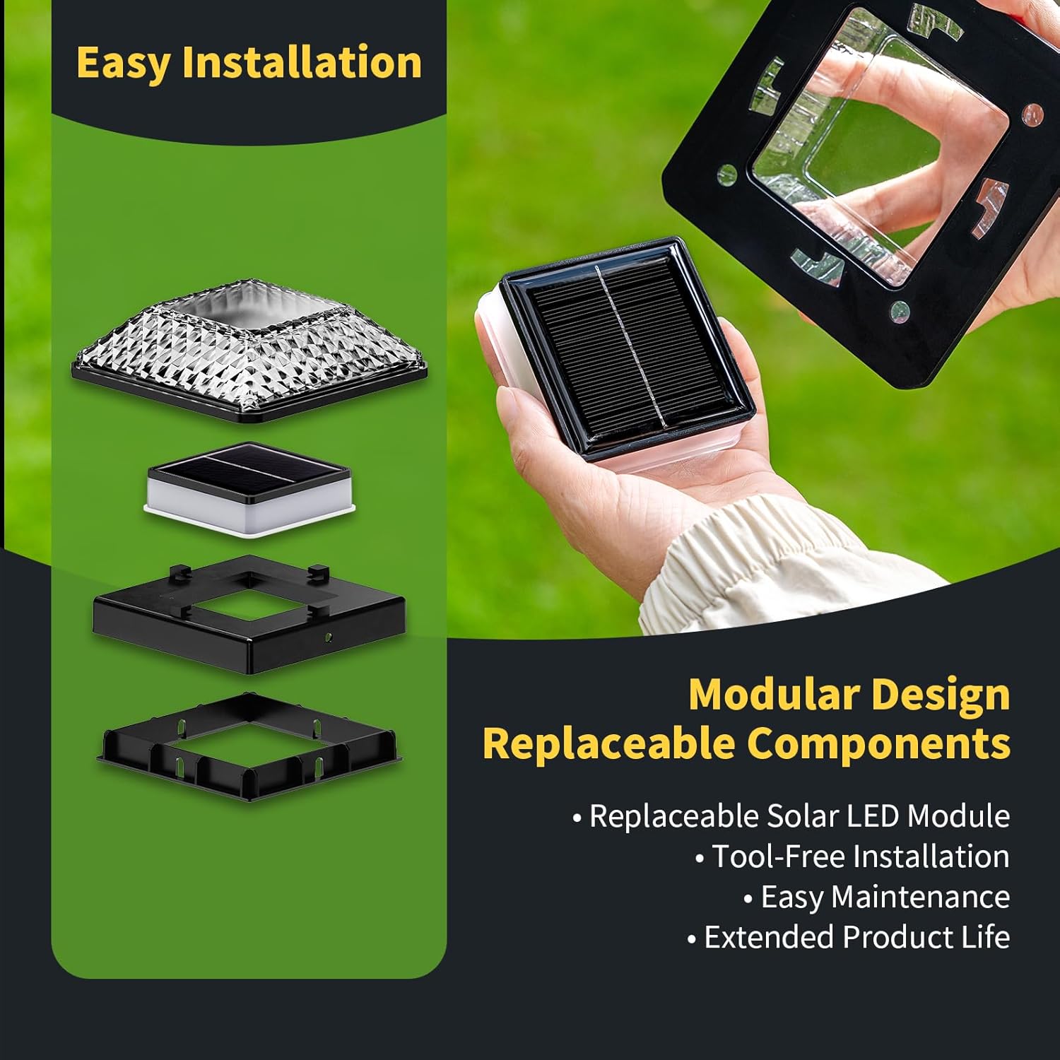 Glass Solar Post Cap Lights with Crystal Style - Decorative Deck Fence Lights for 4x4 5x5 Posts Hidden Solar Panel, Modular Design, 10Hr Runtime, IP65, Warm White, Black, 2 Pack