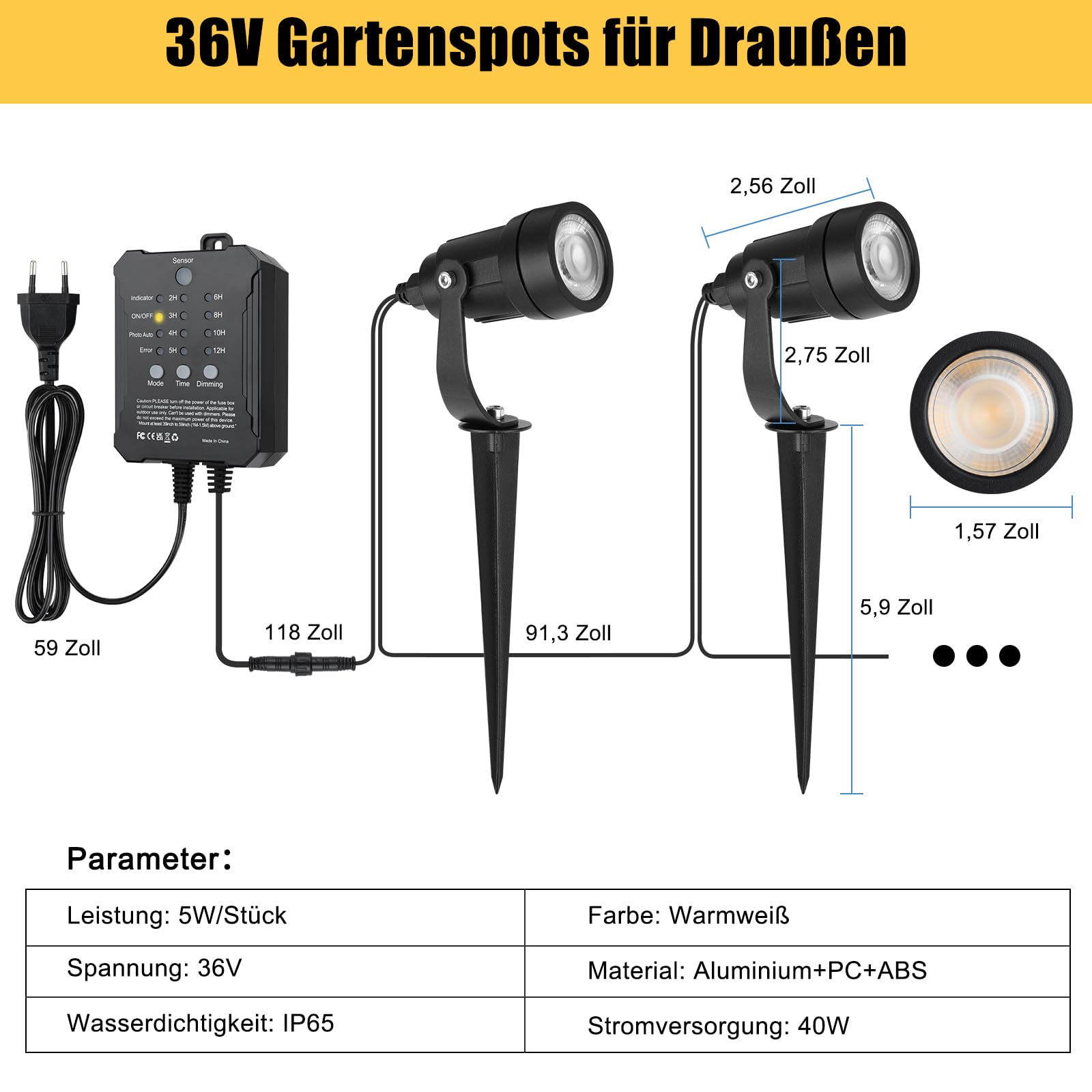 COOLWEST LED Gartenbeleuchtung mit Strom, 20M/8er Set Strahler mit Lichtsensor Warmweiß 3000K, Gartenstrahler Led Wasserdicht Außen IP65, 36V Gartenspots für Draußen, Terrasse, Einfahrt, Dimmbar