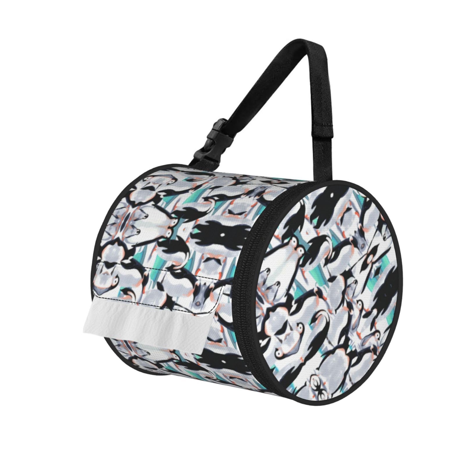 Watercolor Penguin Print Round Tissue Dispenser Bag With Carry Strap, Portable Roll Holder For Car Travel Home