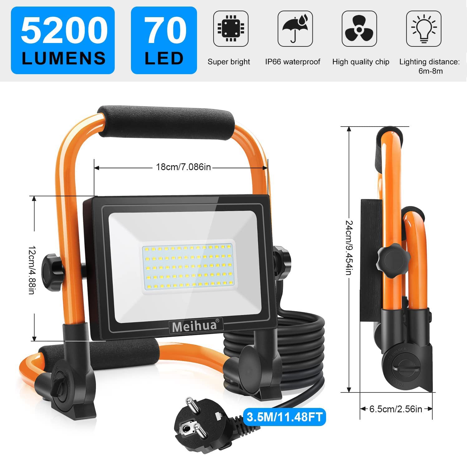 MEIHUA 60W Faretto LED da Cantiere, Lampada da Lavoro Portatile 5200LM 6500K, Rotazione 360° con Staffa Pieghevole, Faro LED da Costruzione Impermeabile IP66 per Officina, Esterni, Garage