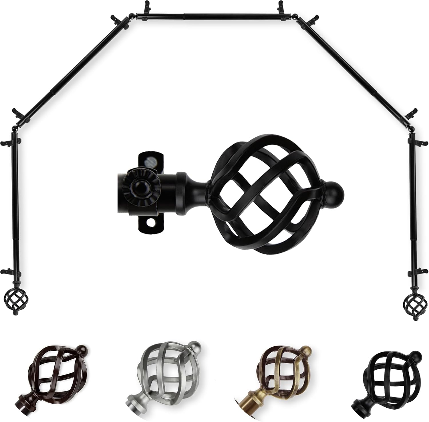 A&F Rod Décor - Spin 13/16" 5-Sided Bay Window Curtain Rod 28-48 inch (each side) - Black