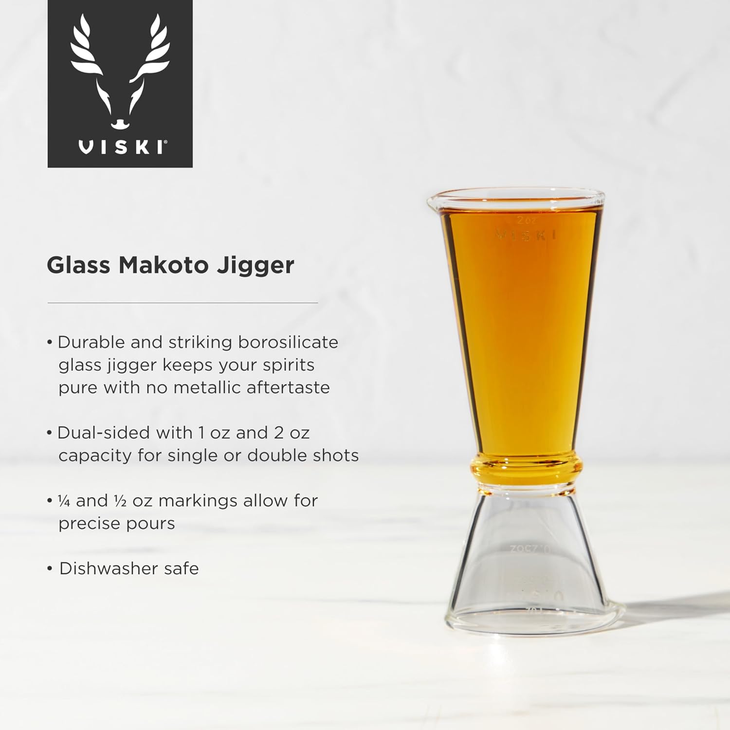 Viski Glass Makoto Jigger, Hand Blown Borosilicate Glass Cocktail Measuring Jigger, 2 oz / 1 oz with 0.25 oz and 0.5 oz Markings, Clear Double Jigger for Home Bar