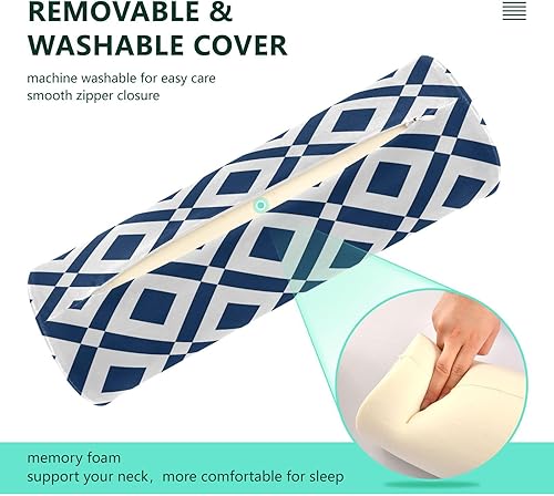 Miniatura 4 de KLL Abstract Zigzag and Rhombus Blue Round Cervical Roll Bolster Pillow Neck Roll Pillow Decorative Soft Round Pillow Cylinder Neck Roll Pillow