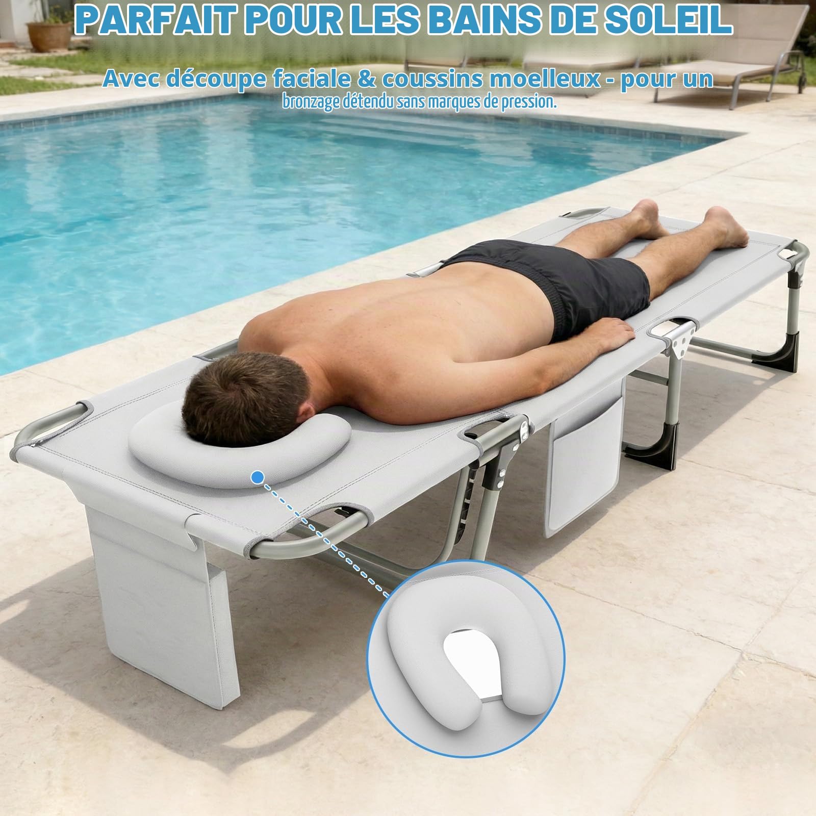 Huracan Lot de 2 chaises longues de jardin, pliables, avec ouverture pour le visage, coussins amovibles et dossier réglable en 3 positions, charge maximale 160 kg, pour jardin, balcon et terrasse