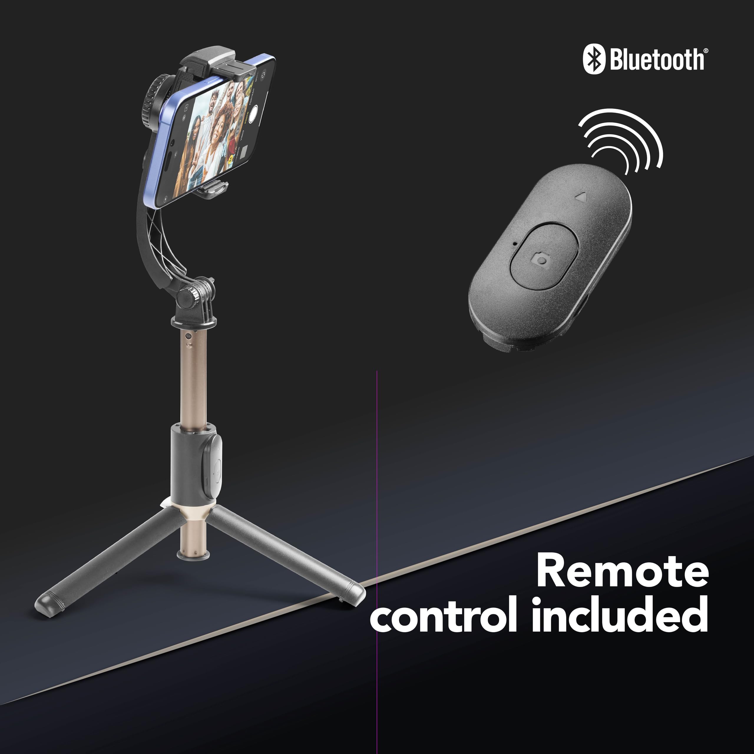 Cellularline FREEMOTION Gimbal 3 w 1 z inteligentnym stabilizatorem zapobiegającym wstrząsom, kijkiem do selfie, statywem, pilotem zdalnego sterowania Bluetooth, aluminium, format pionowy i poziomy