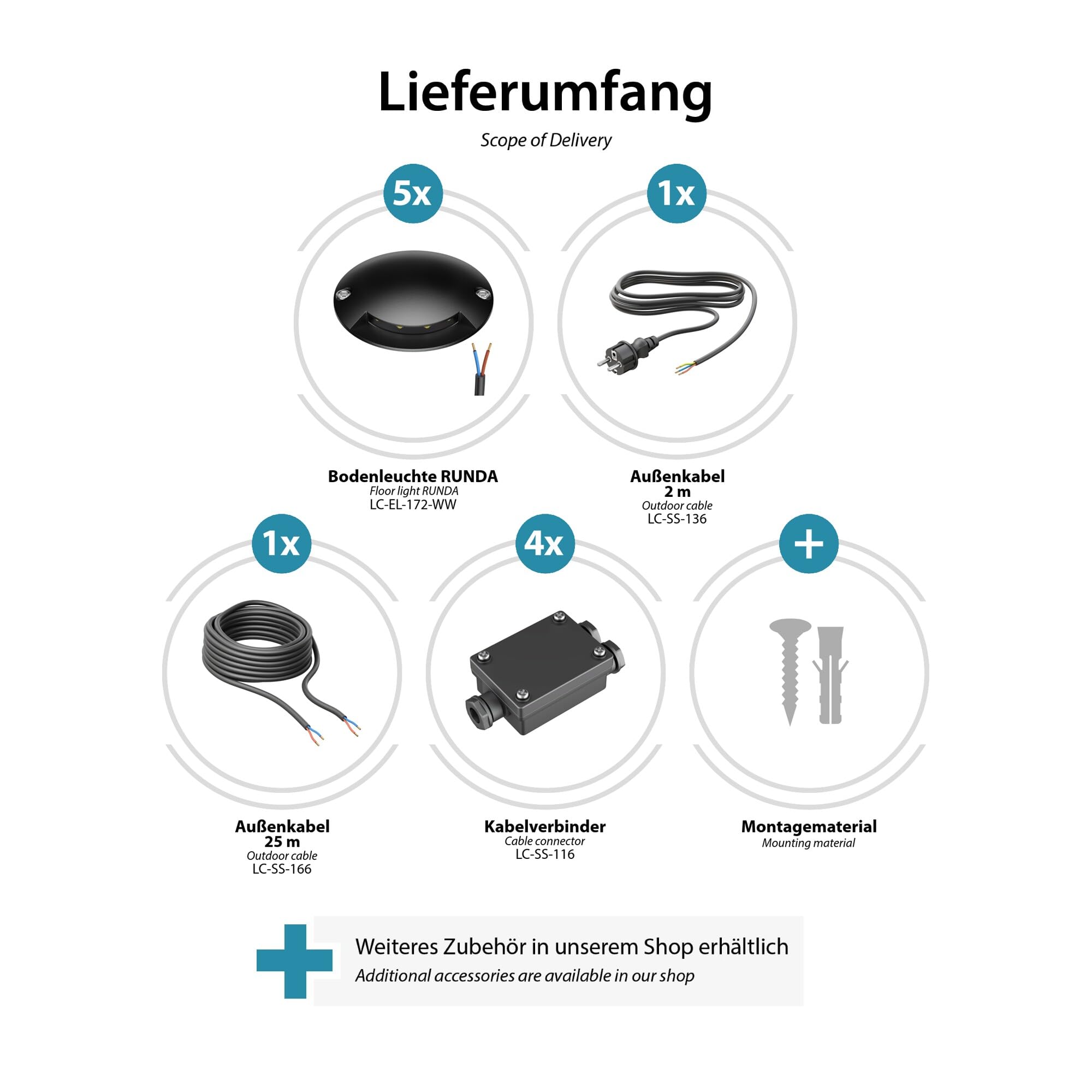 ledscom.de LED Bodenleuchte RUNDA für außen, IP67, 1-flammig, schwarz, rund, 70mm Ø, warmweiß, 5-er Set