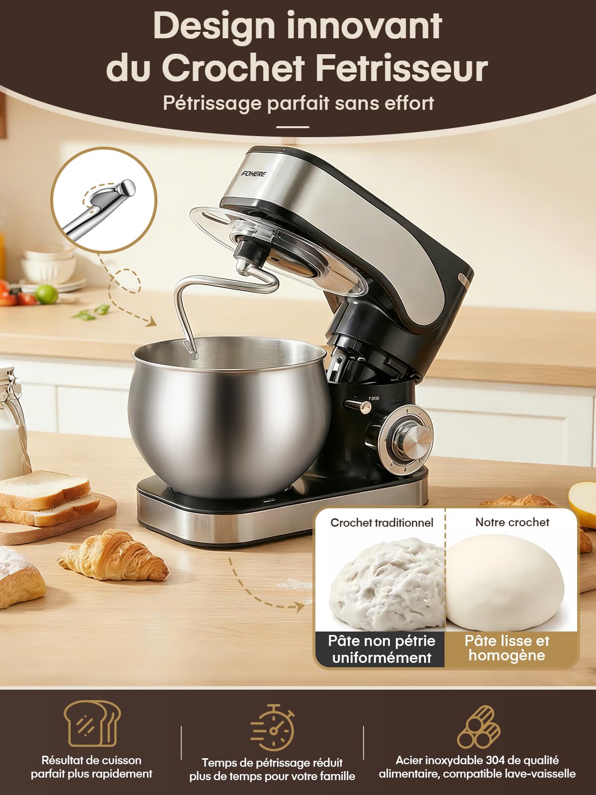 Robot Pâtissier avec 5L + 3L Bols en Acier Inoxydable, Crochet Pétrisseur Renforcé, 1300W Robot Pâtissier Professionnel, 6+P Vitesses Pétrin, Crochet à Pâte, Batteur Plat & Fouet pour Pâtisserie Mai