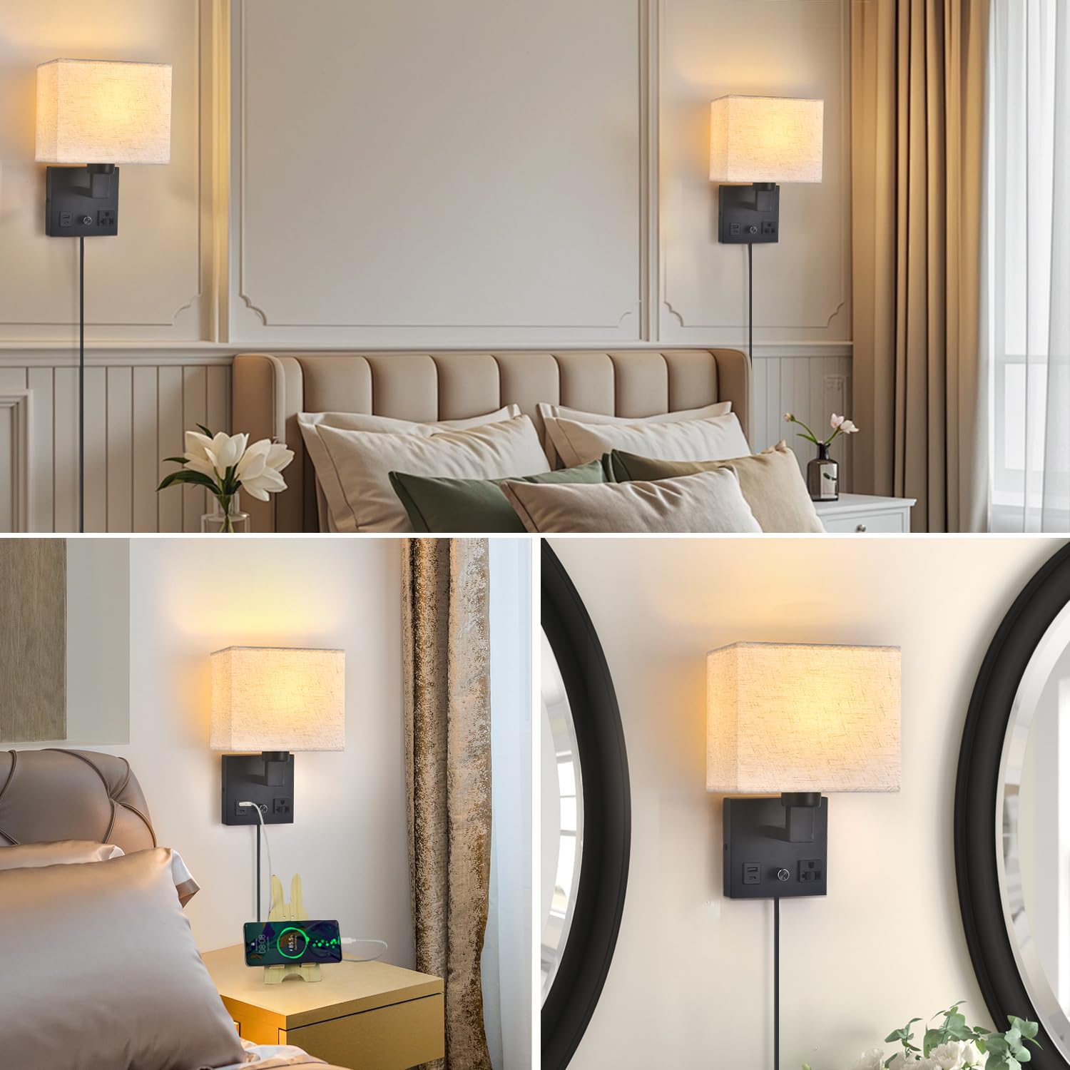 CNMYKYDS Nachtkast-wandlamp voor slaapkamer, wandlamp om in te steken, dimbare schakelaar met AC-stopcontact en USB-aansluiting, stoffen kap, zwarte wandlamp voor woonkamer, hotel