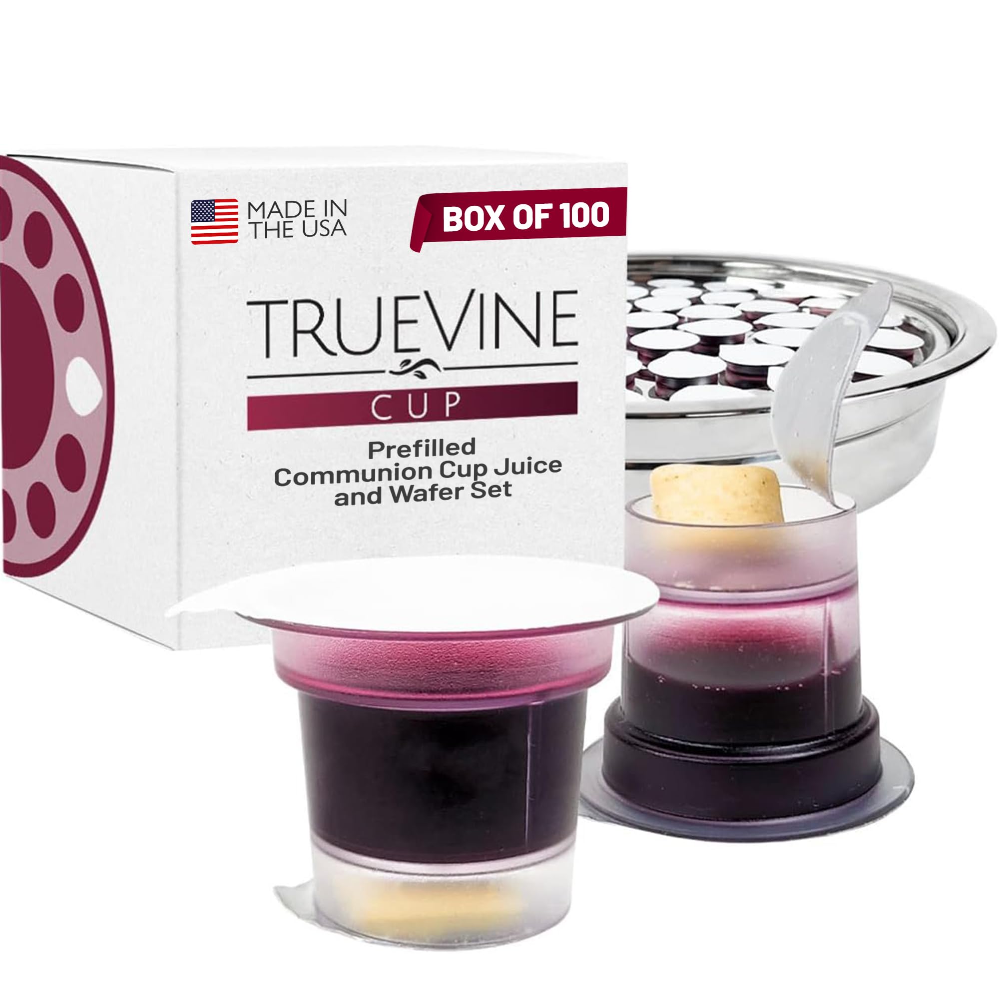 TrueVine Top & Bottom Communion Cups and Wafer Set - Prefilled Cups with Fresh Unleavened Bread & Grape Juice - Carefully Packaged & Easy to Open, Ideal First Communion Favors for Guests (100 Count)