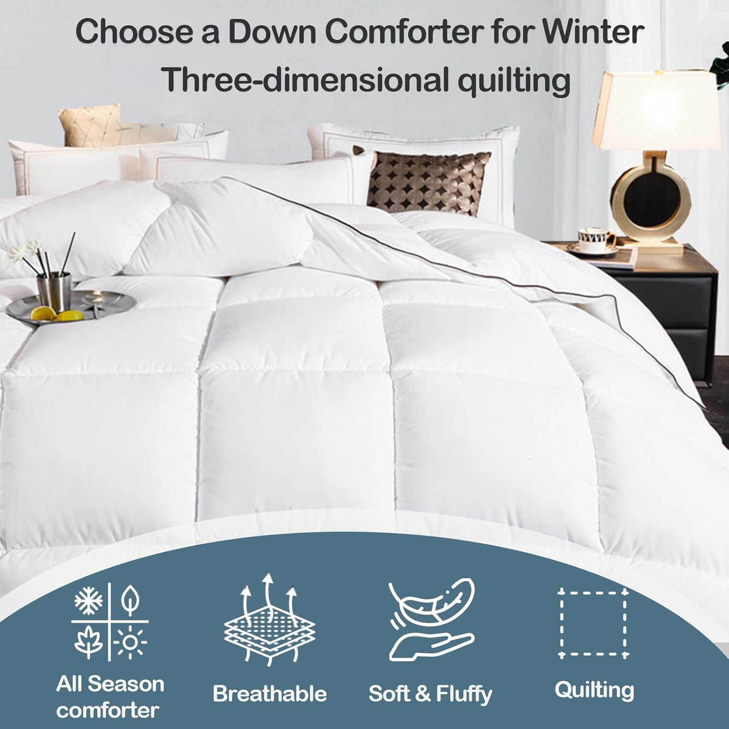 All Season Goose Feather Down Comforter, Fluffy Down Comforter King Size Quilt Ultra-Soft Warm Bed Comforter, Luxury Soft Hotel Comforter Quilted Duvet Insert with Corner Tabs(C,86x94 in(3kg))