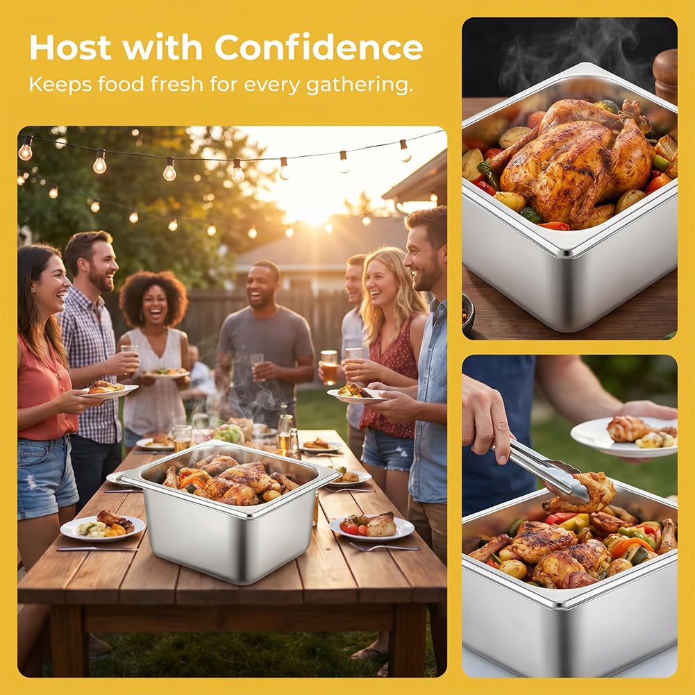 Set di 3 contenitori da 1/6 in acciaio inox con coperchio, padelle profonde 10 cm, altezza contenitore per alimenti, vapori o come inserto in piatti, contenitori impilabili