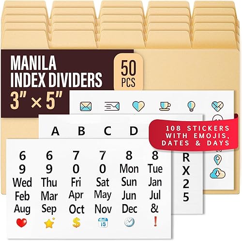 50 separadores de tarjetas de índice Manila de peso pesado de 3 x 5 con pestañas y calcomanías del alfabeto para tarjetas de recetas