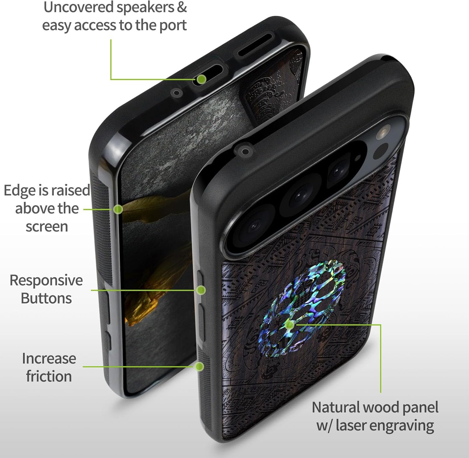Carveit Magnetic Wooden Case for Google Pixel 9 Pro XL Case, Wood Artisan Engraved & Handmade Shell Inlaid, Compatible with MagSafe Wireless Chargers, The Turtle Amidst Zendoodle - Blackwood