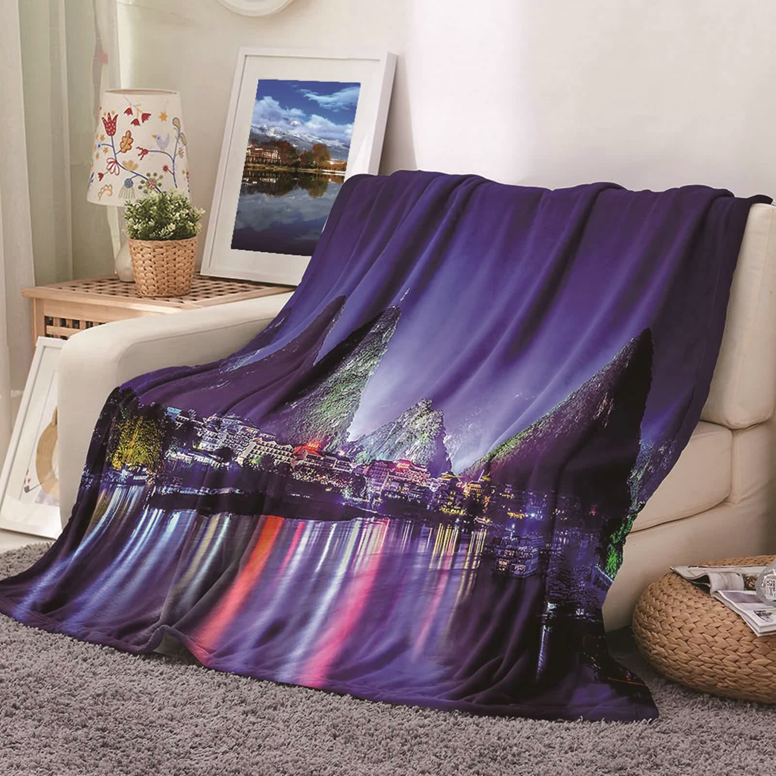 Aeici Couverture Polaire, Couverture Laine Flanelle Couverture 160x200 cm Montagne Paysage Nocturne Couverture Canapé pour Salon Lit