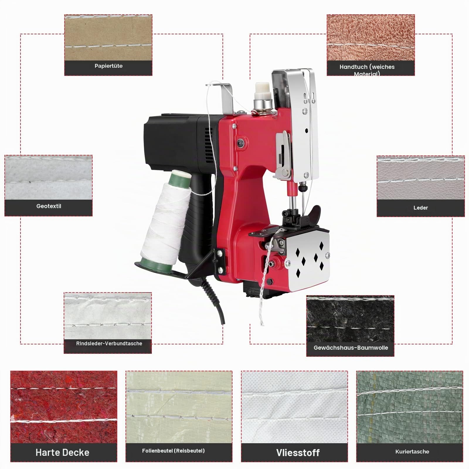 sacknähmaschine 220 V Tragbare Nähmaschine für 2 Sekunden/Sack,Sacknähmaschine für Taschen/Stoff/Reis/Papier/Plastiktüten Nähmaschine