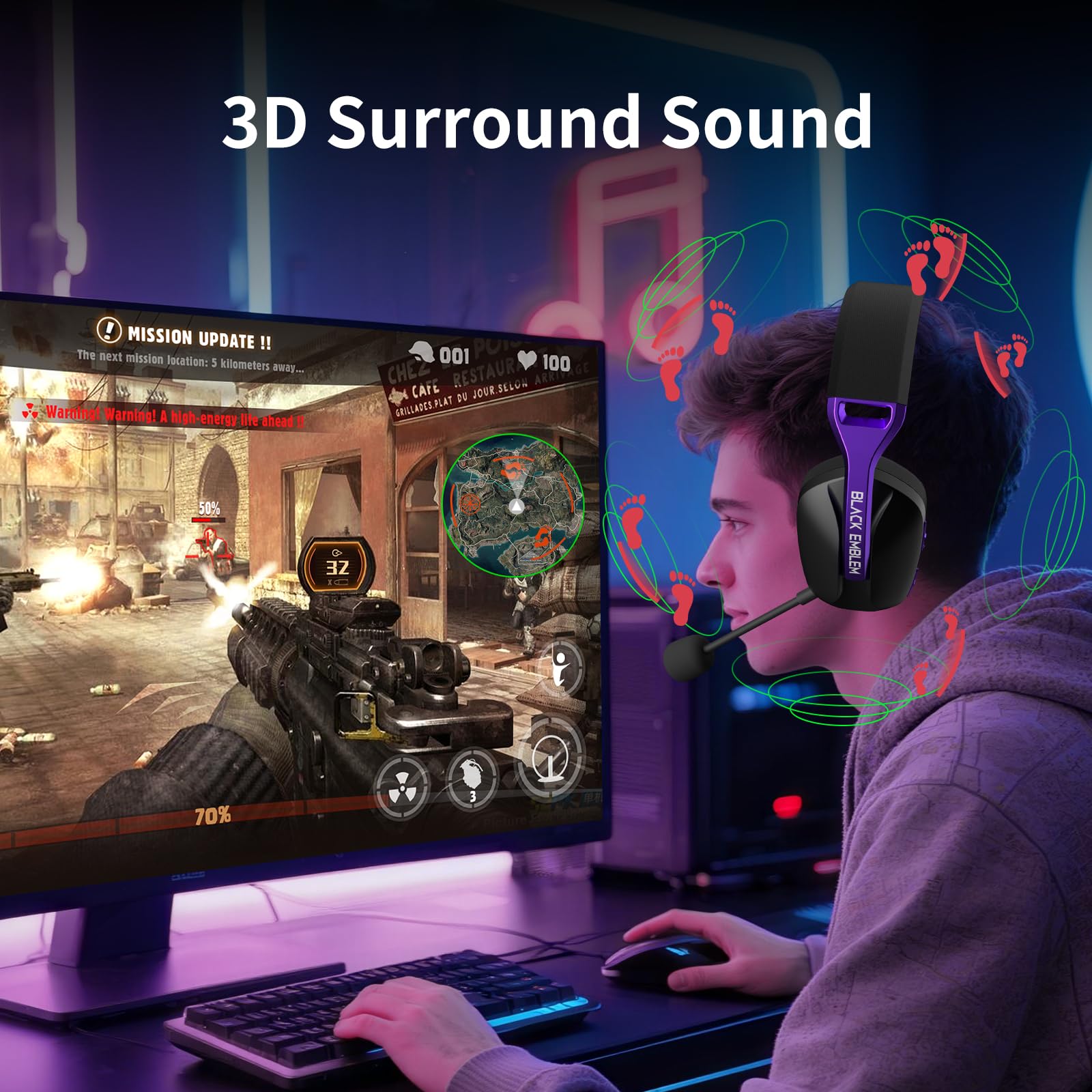 Black Emblem Cuffia Gaming Wireless con Mic rimovibile per PC, PS5, PS4, 2,4 GHZ cuffie da gioco con auricolari respirabili, Bluetooth 5.4, batteria 50H, cuffie da gioco leggere