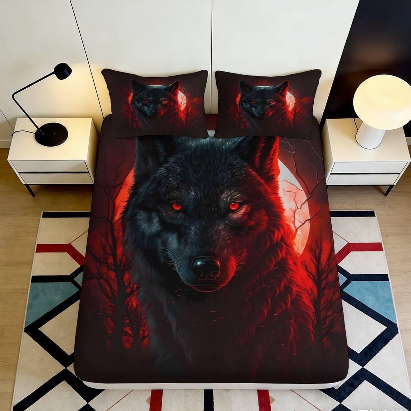 3D Printed wolf Fitted Sheet, dark animal pattern Microfiber, easy care, wrinkle resistant, home decor, bed cover for bedroom, apartment bedding, 116 90x200x25cm
