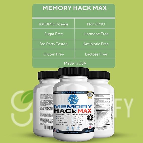 Memory Hack Max Brain Support Supplement, Extra Strength with Herbal Ingredients, 60 Capsules, 30-Day Supply (2)