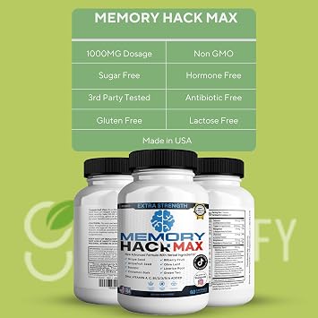 Memory Hack Max Brain Support Supplement, Extra Strength with Herbal Ingredients, 60 Capsules, 30-Day Supply (2)