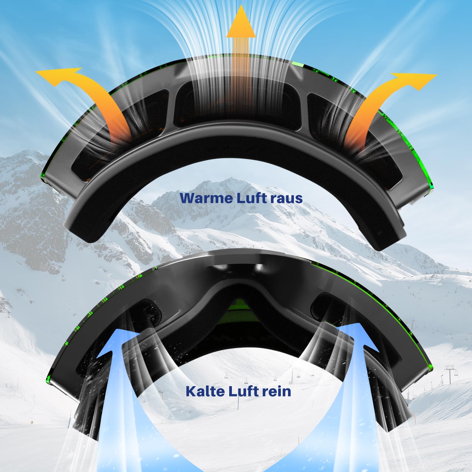 Lunettes de ski magnétiques pour adultes OTG – Double lentille antibuée UV400 compatibles avec casque, système de lentilles magnétiques Ski Snowboard (Noir/Vert)