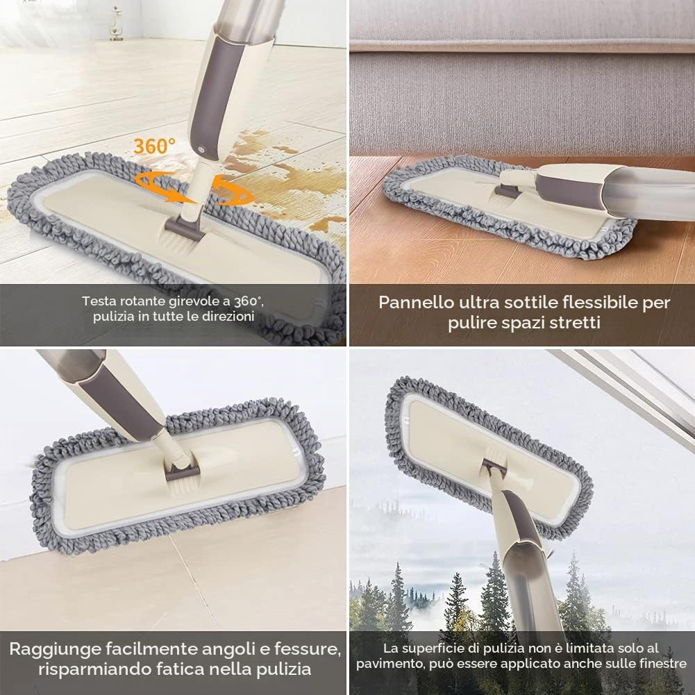 Scopa Lavapavimenti a Spruzzo, MEXERRIS Spray Mop Mocio Lavapavimenti con Flacone Ricaricabile da 410 ml e 3 Tamponi Lavabili Professionale Mop Pavimenti per Casa Cucina Laminato Legno Legno Duro