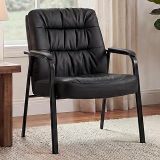 OLIXIS Black Leather Office Guest Chair for Waiting Room Reception - Padded Armrests, 350lb Capacity, No Wheels, Easy Assembly