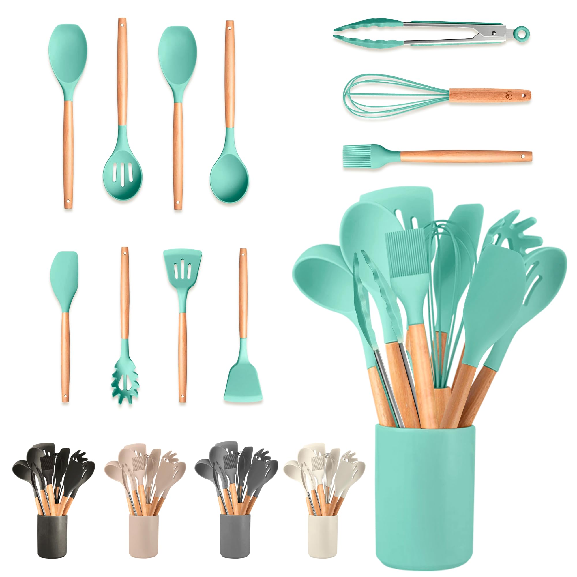 JUPPLIES Juego de Utensilios de Cocina de Silicona 19 Piezas con Cuchillos, Tijeras y Tabla de Cortar – Set Antiadherente Resistente al Calor – Apto para Todas Las Ollas y Sartenes - Beige — view 9