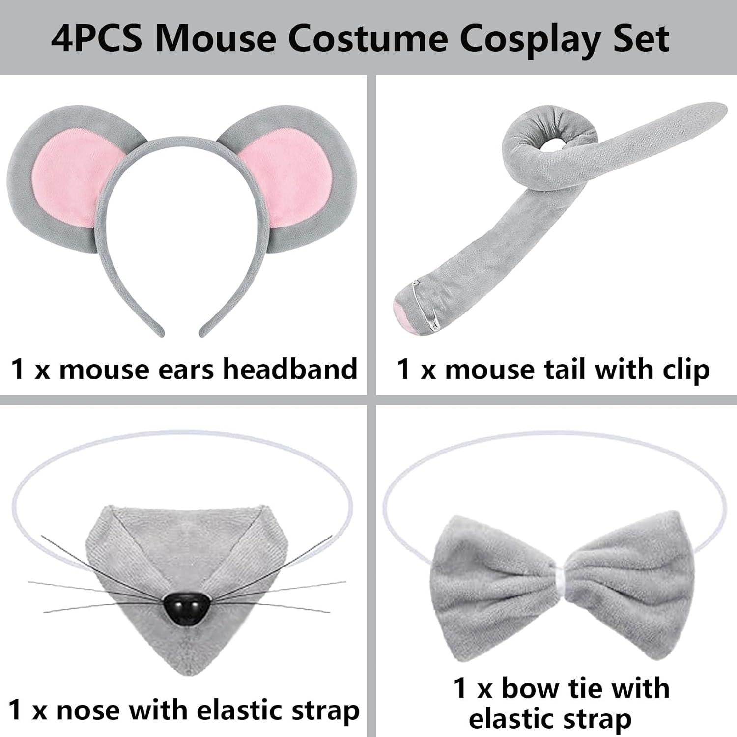 4PCS Mouse Costume Accessories Set Mouse Ears Headband Tail Nose Bow Tie Grey Rat Costume Cosplay Dress Up for Halloween Party - Image 2
