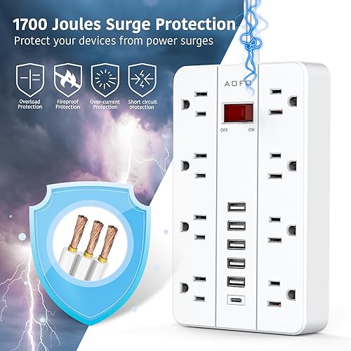 Miniatura 4 de Protector de sobretensiones con 6 puertos USB, cable de extensión AOFO de 5 pies, enchufe plano con 8 tomas ampliamente espaciadas, estación de