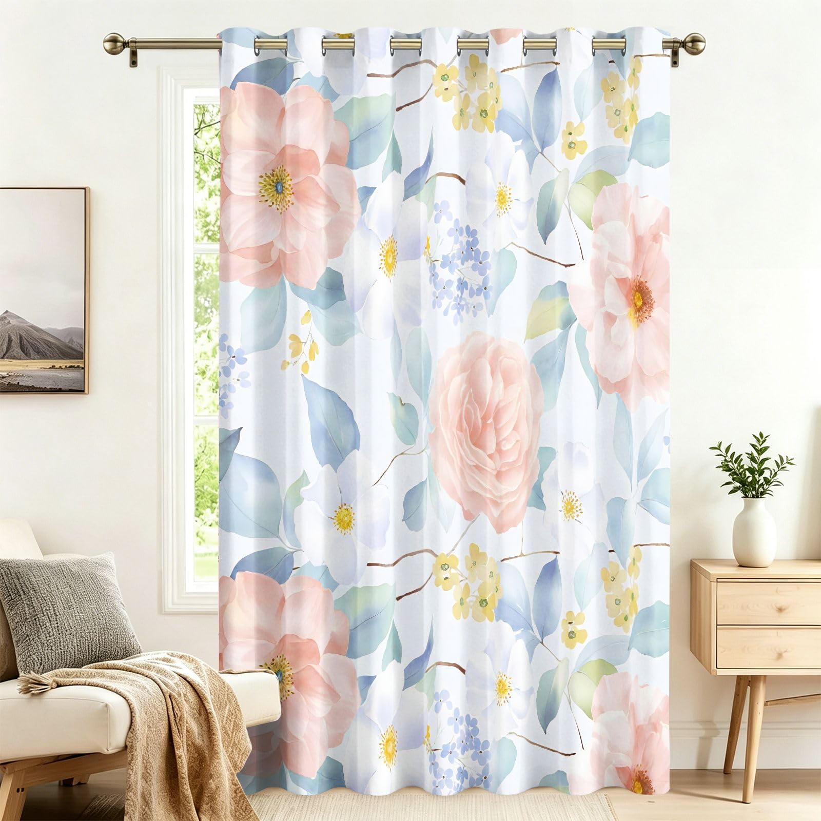 Fadaing Peony Watercolour Floral Print Blackout Curtains with Eyelets, 1 Piece, Extra Wide Living Room Door Curtain, 183 x 132 cm Privacy Screen, Opaque, Patterned, Against Heat, Darkening Room
